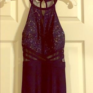 Formal navy dress with thigh high slit